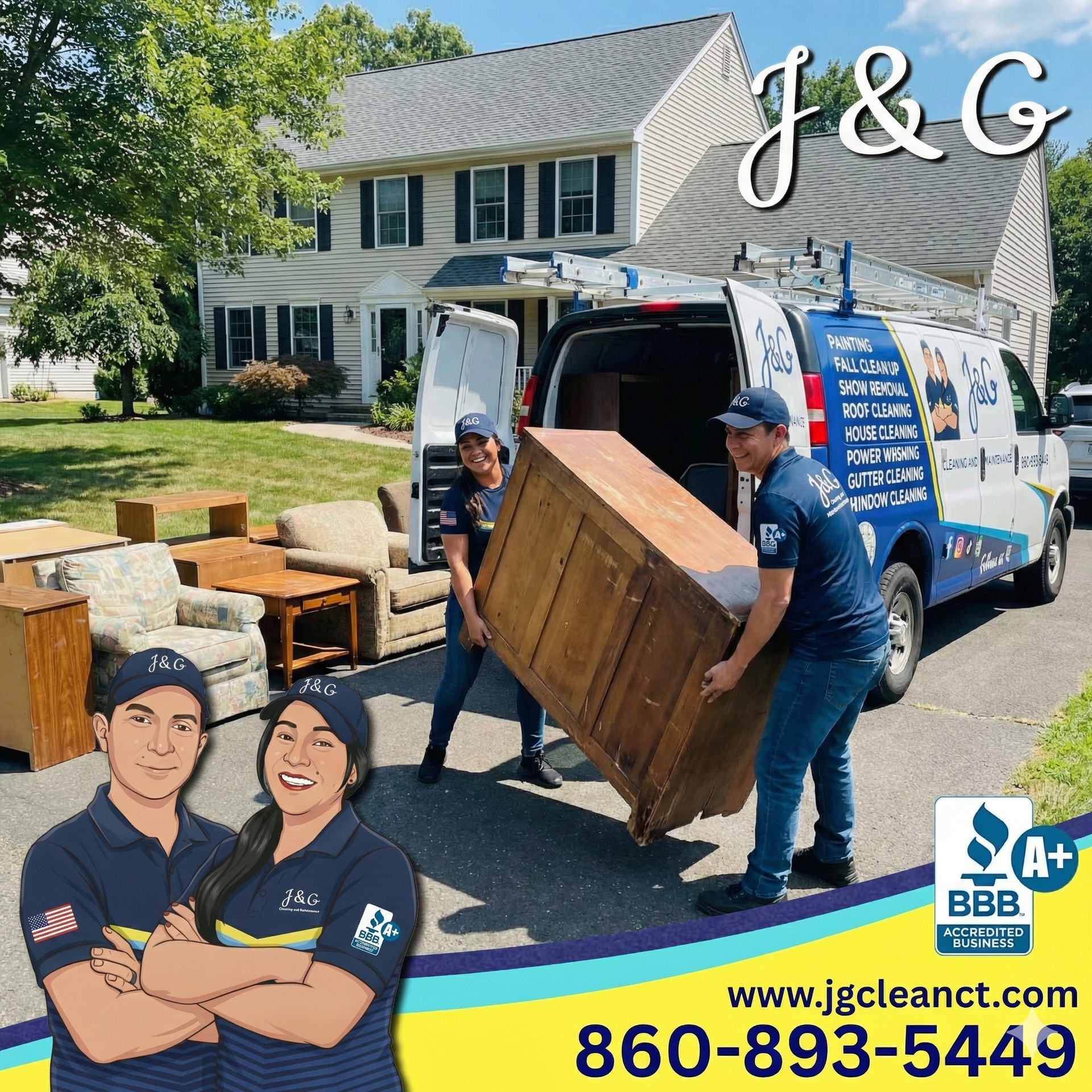 Furniture removal service in New Britain CT by Jaime and Giselle from J & G Cleaning removing a couch safely from a home