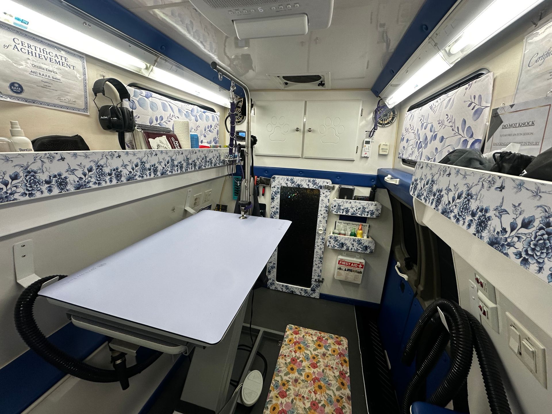 Inside the mobile grooming salon of Romans Empire Mobile Grooming located in El Dorado Hills, CA