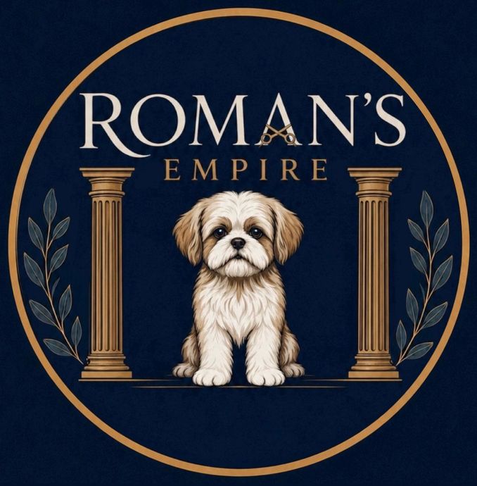 Roman’s Empire Mobile Grooming logo featuring a Shih Tzu between classical gold columns