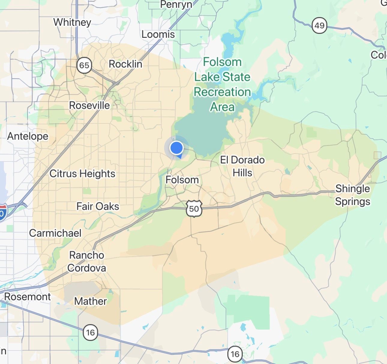 Map showing Roman’s Empire Grooming’s service areas in Folsom, El Dorado Hills, Granite Bay, Gold River, Fair Oaks, Rancho Cordova, and nearby areas.