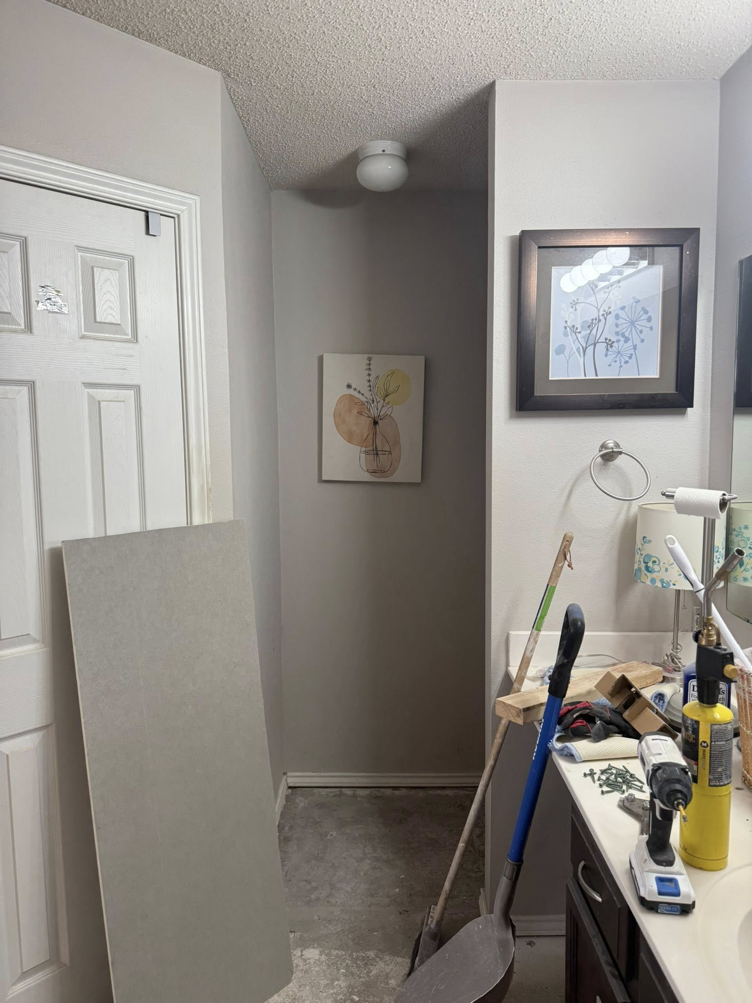 Narrow hallway with a light fixture, artwork, and partially visible bathroom with tools and a sink.
