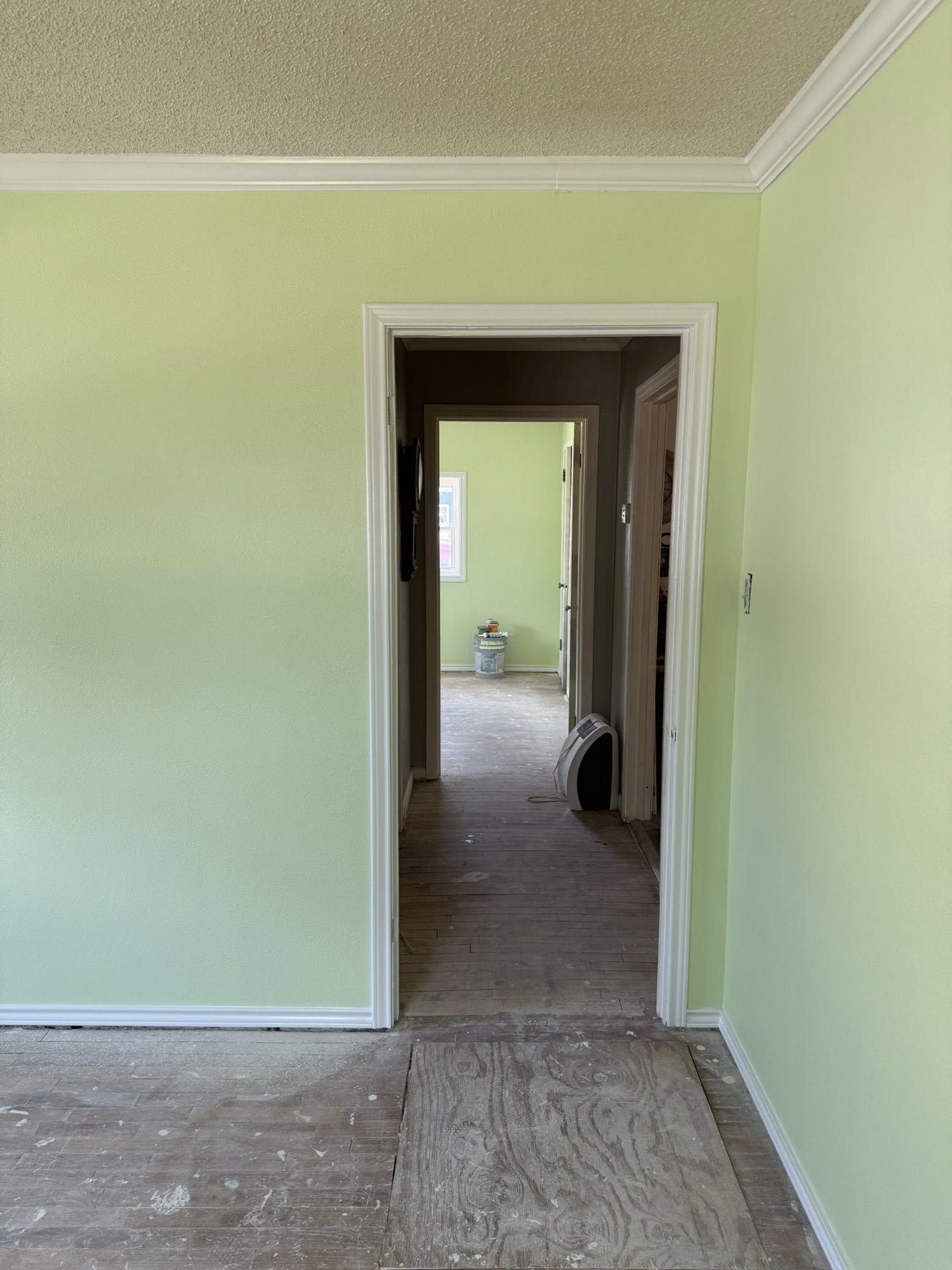 A hallway with green walls, white trim, and worn flooring leading to other rooms.