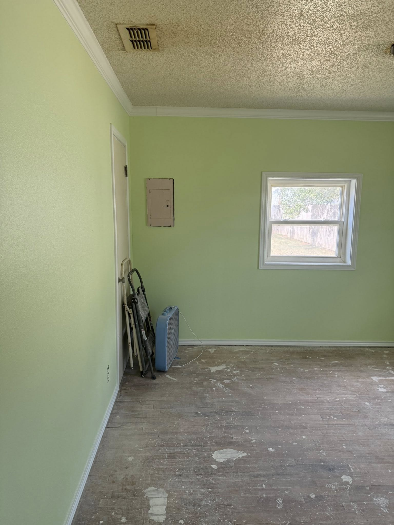 Empty room with green walls, a window, and a door. Old flooring and a popcorn ceiling are visible.