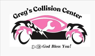 Greg’s Collision Center logo with pink car silhouette and “God Bless You!” text