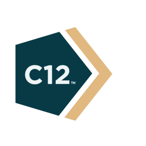 C12 logo with teal hexagon and gold angled chevron on white background