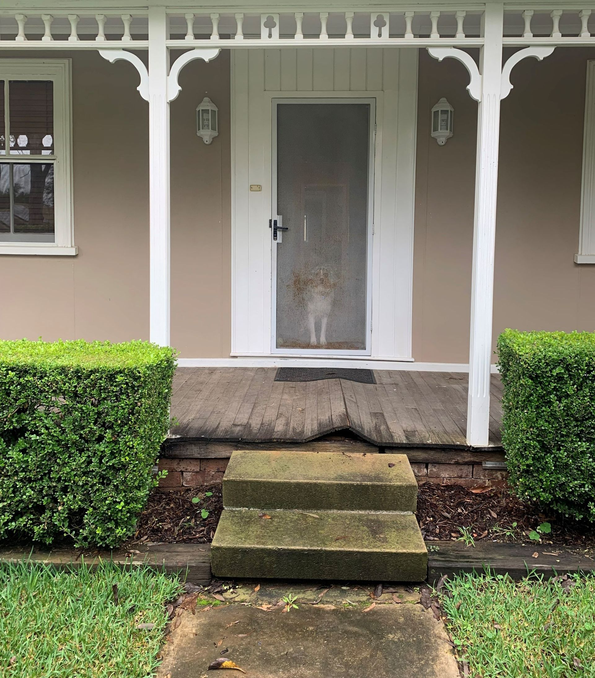 A house with a screen door and steps leading to it
