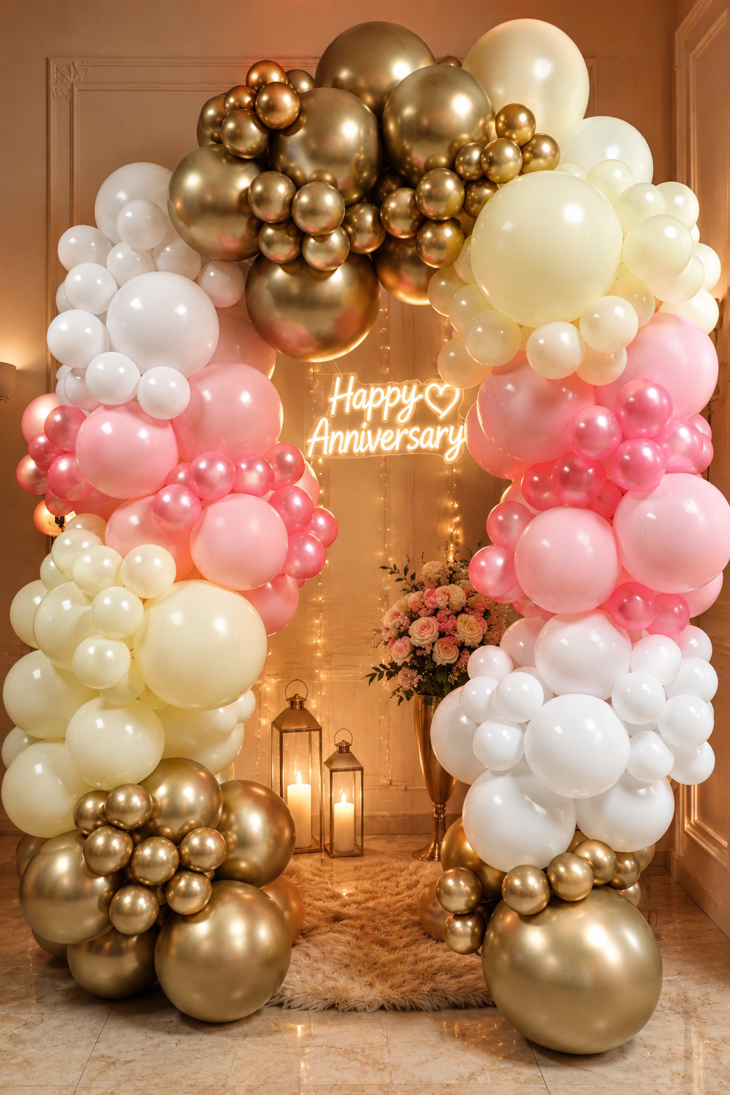 Pink, white, and gold balloon arch with “Happy Anniversary” sign over lantern-lit pathway