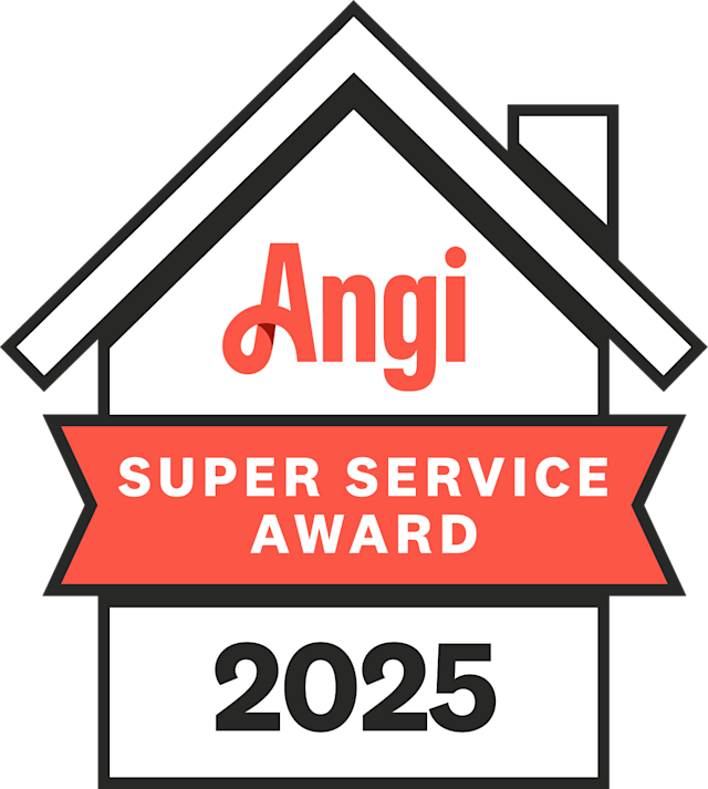 Angi Super Service Award 2025 badge in a house outline with red ribbon and black text