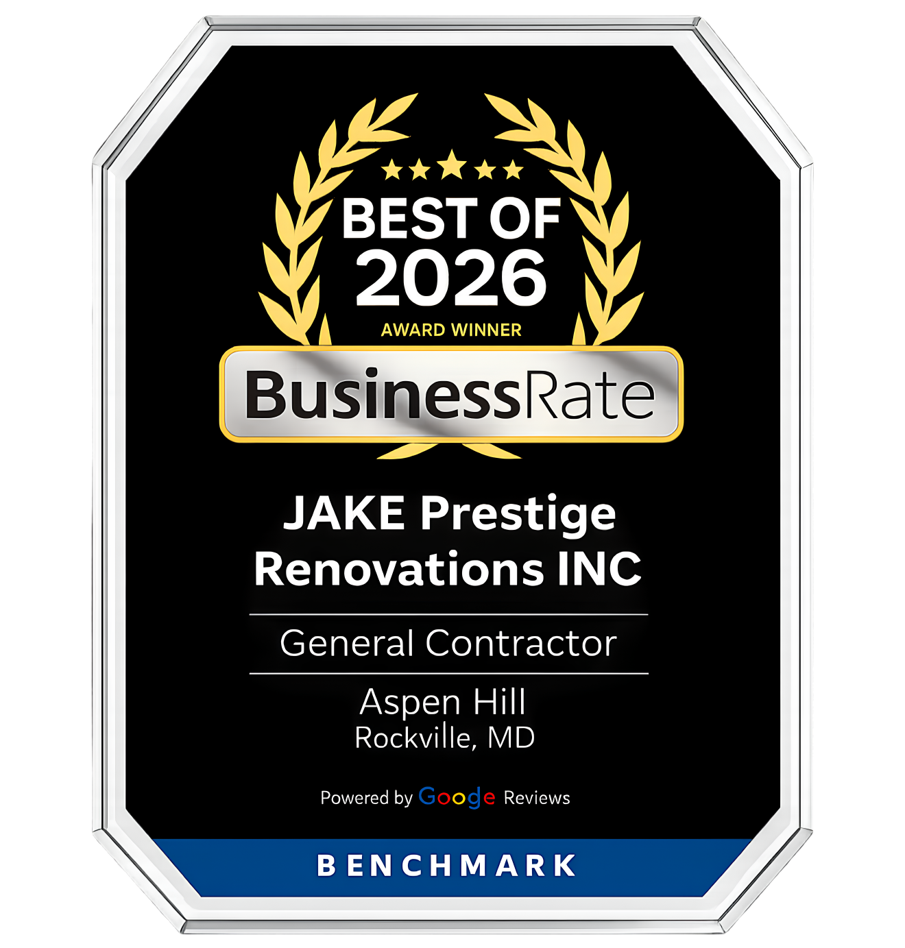 BusinessRate Best of 2026 award plaque for JAKE Prestige Renovations Inc. in black and gold