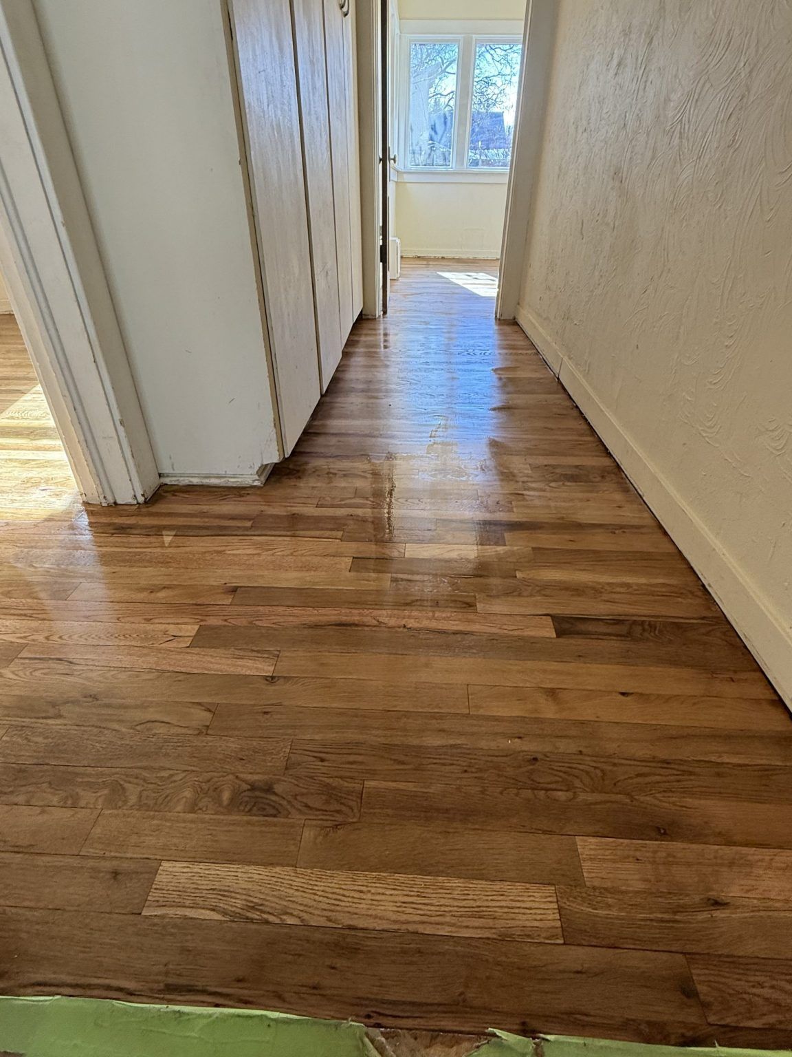Narrow hallway with hardwood floors, beige walls, and a bright window at the end
