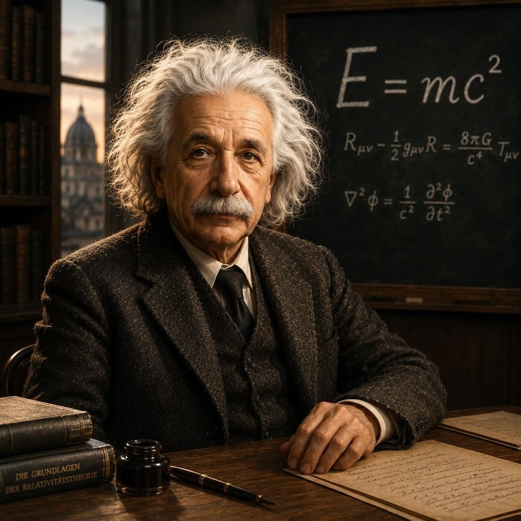 Retrato de Albert Einstein sentado en un escritorio, con una pizarra que muestra la ecuación E=mc² detrás de él.