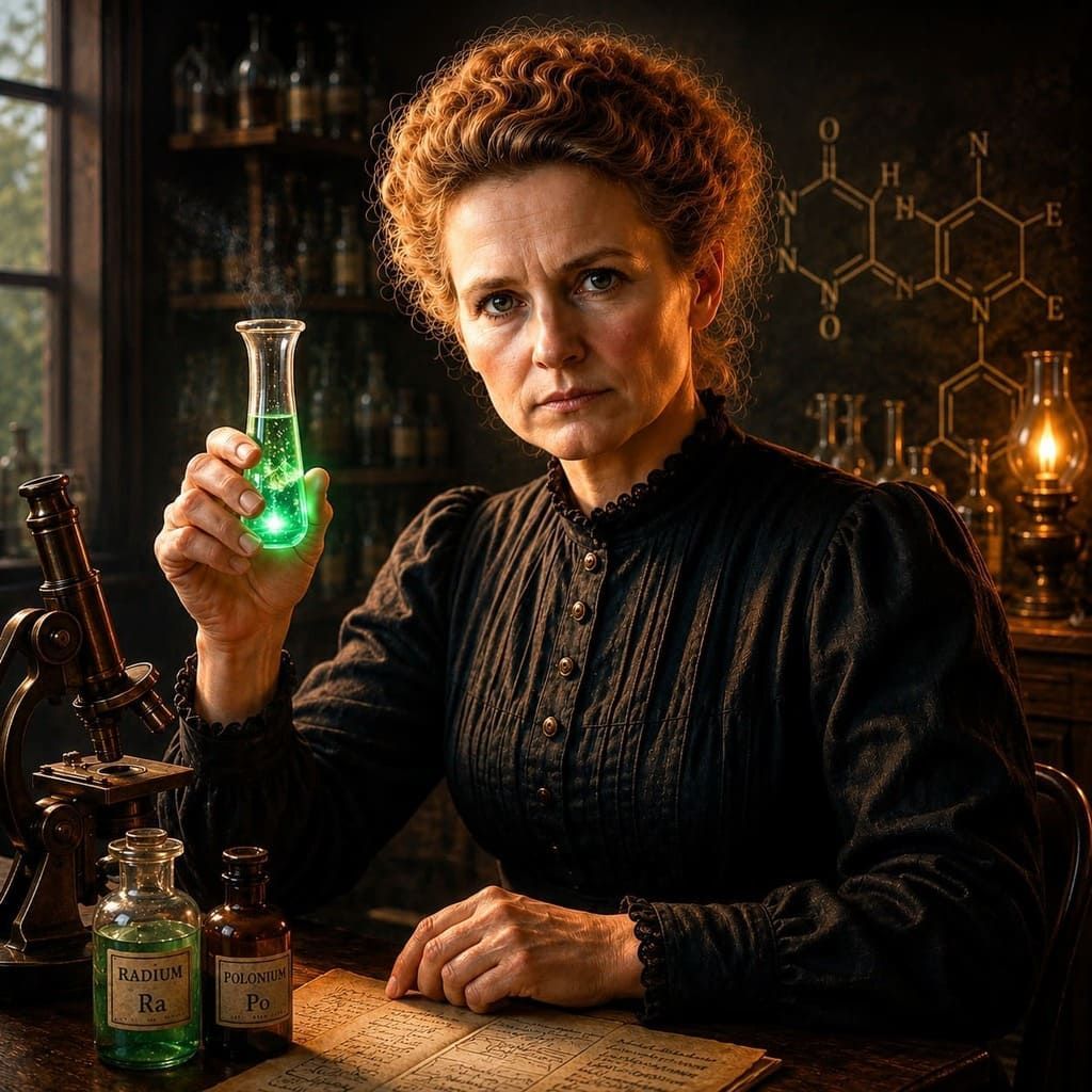 Alquimista sentado sosteniendo un frasco verde brillante en un laboratorio con poca luz, con botellas y fórmulas químicas al fondo.