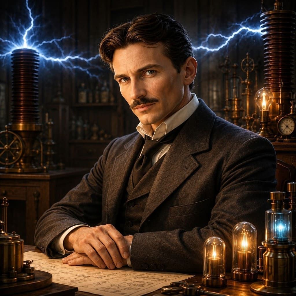 Un hombre sentado en un escritorio en un laboratorio steampunk, iluminado por lámparas brillantes y arcos eléctricos azules, con relojes y maquinaria detrás.