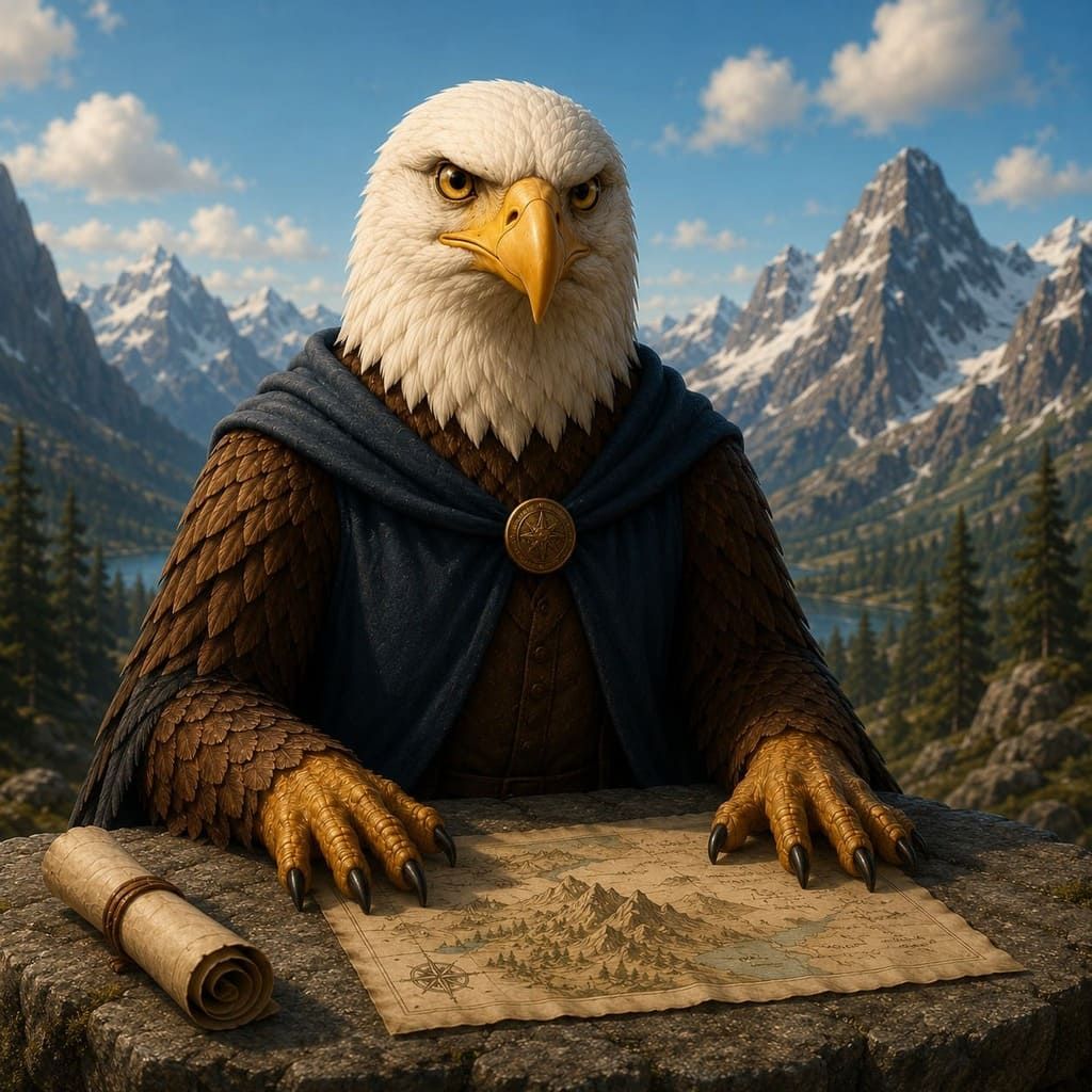 Un águila blanca con un manto oscuro estudia un mapa sobre una mesa en un paisaje montañoso.