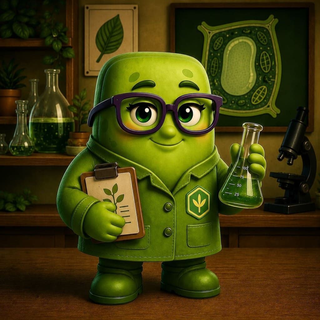 Criatura de laboratorio verde de dibujos animados con gafas, sosteniendo un portapapeles y un vaso de precipitados en un acogedor aula de ciencias.