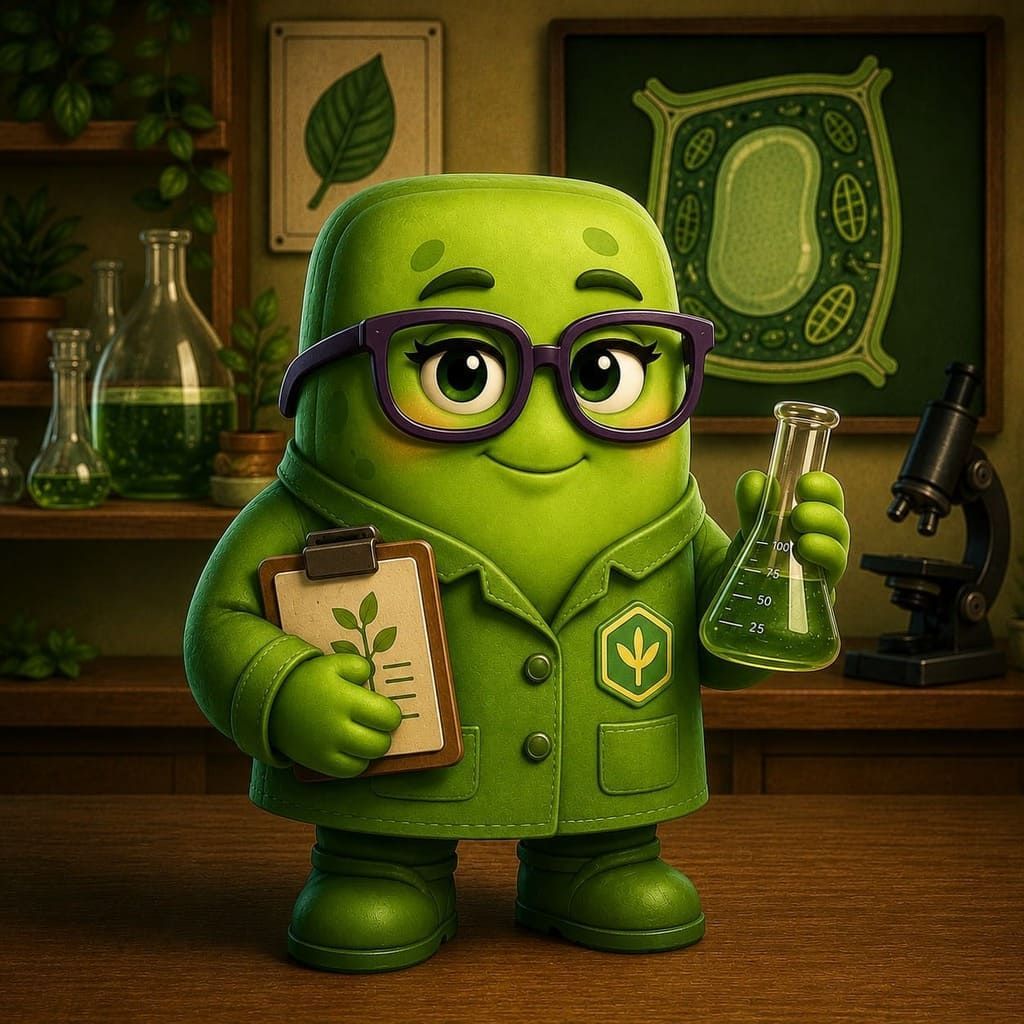 Criatura de laboratorio verde de dibujos animados con gafas, sosteniendo un portapapeles y un vaso de precipitados en un acogedor aula de ciencias.