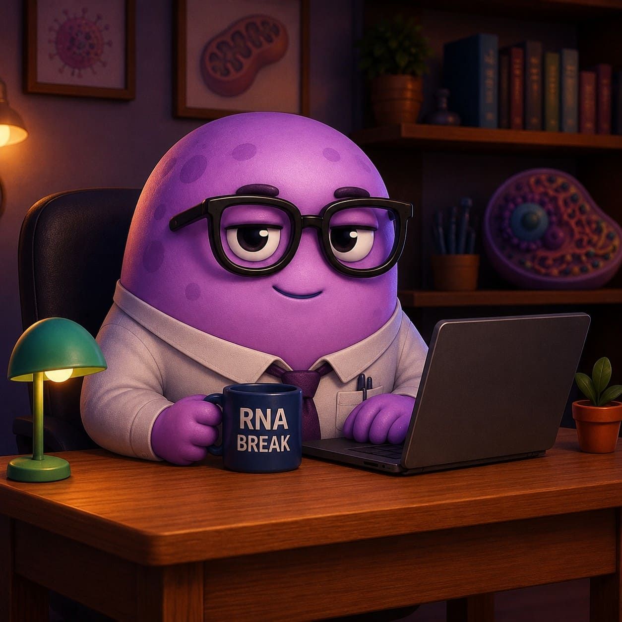 Personaje morado con gafas trabajando en un escritorio con un portátil, sosteniendo una taza de RNA break en una oficina acogedora.