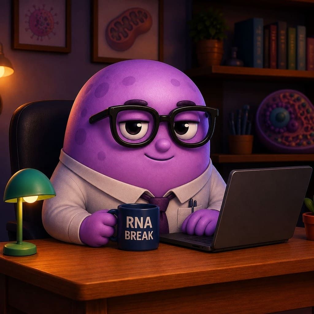 Personaje morado con gafas trabajando en un escritorio con un portátil, sosteniendo una taza de RNA break en una oficina acogedora.
