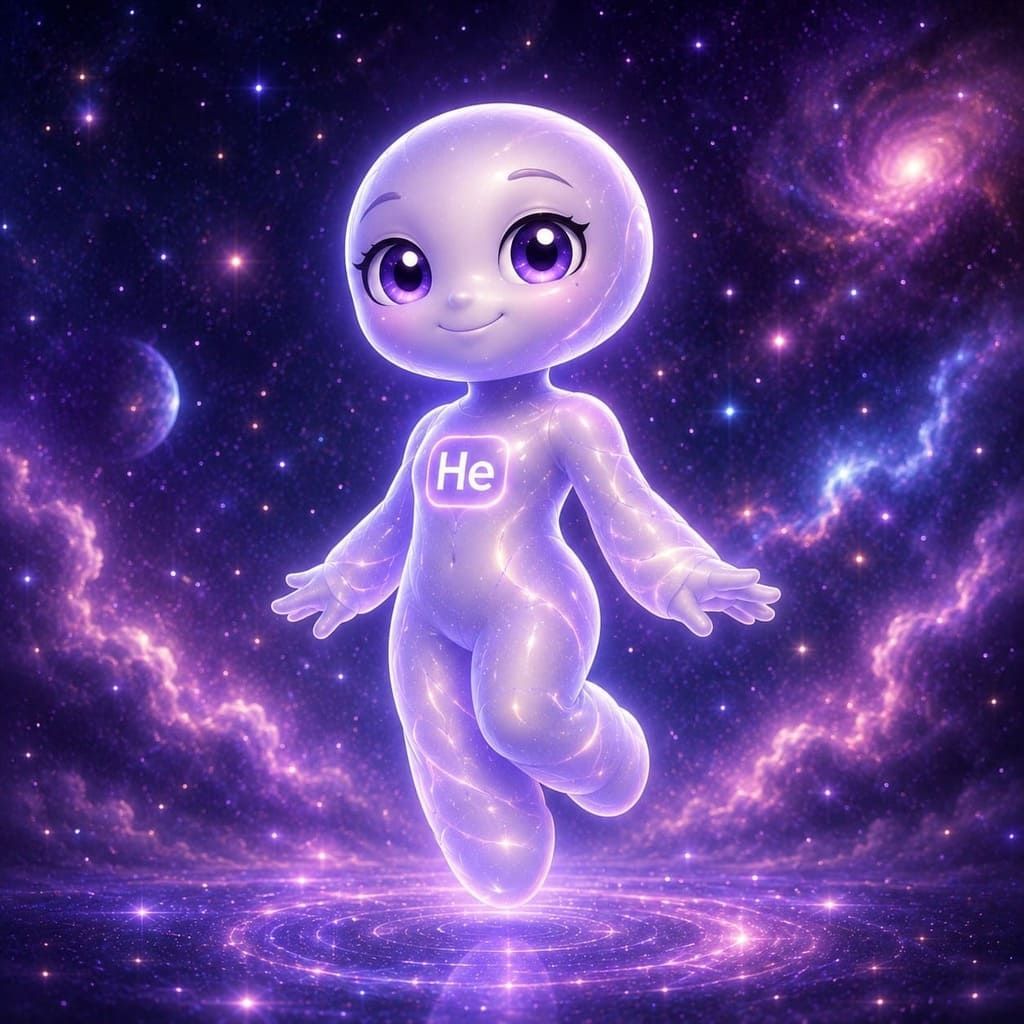 Figura resplandeciente de color púrpura, parecida a un bebé, con la palabra "Él" en el pecho, flotando en una escena cósmica estrellada.