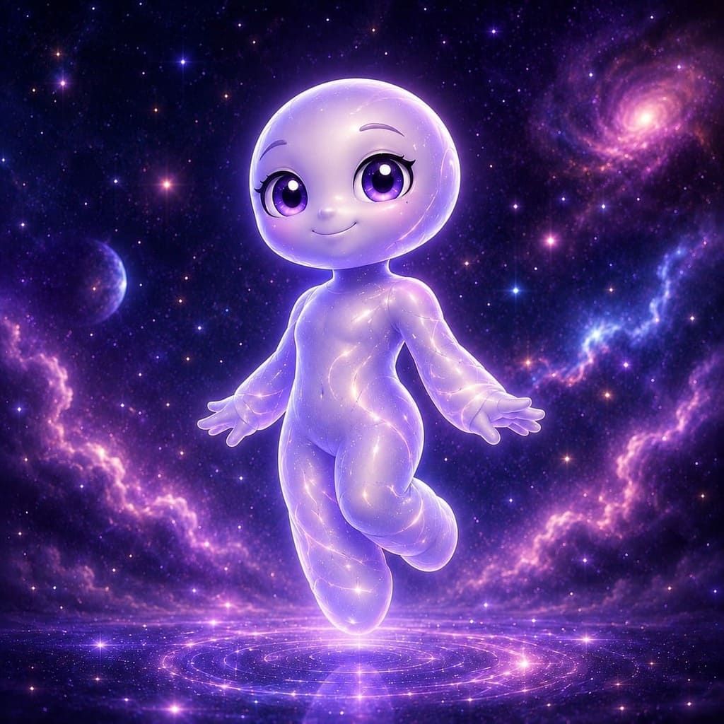 Figura resplandeciente de color púrpura, parecida a un bebé, con la palabra "Él" en el pecho, flotando en una escena cósmica estrellada.