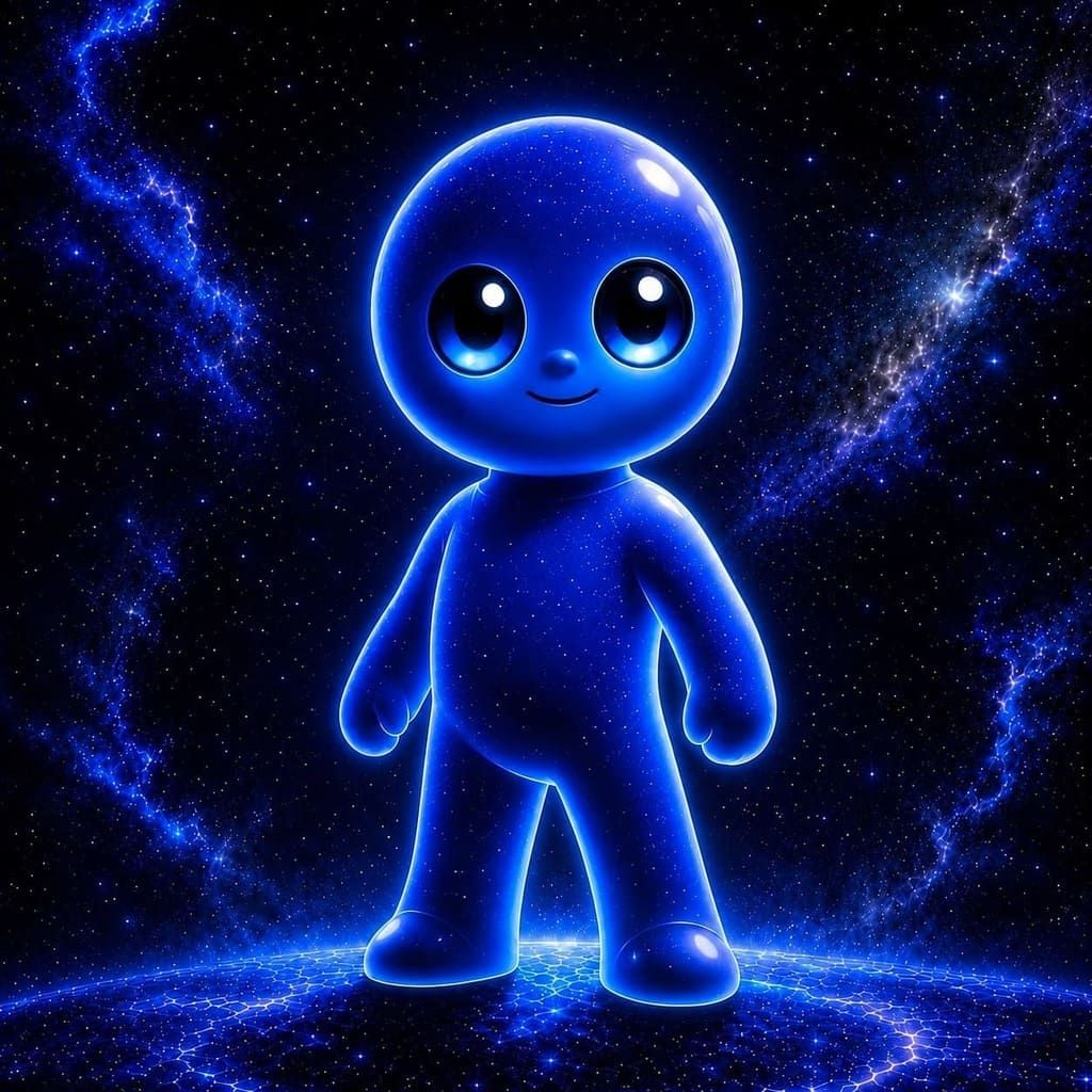 Extraterrestre azul brillante de dibujos animados con una "H" en el pecho, de pie en una escena cósmica estrellada.