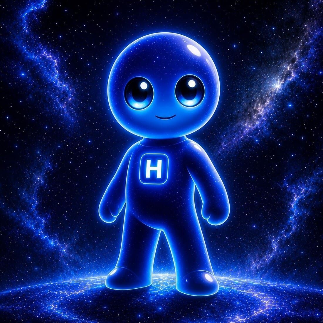 Extraterrestre azul brillante de dibujos animados con una "H" en el pecho, de pie en una escena cósmica estrellada.