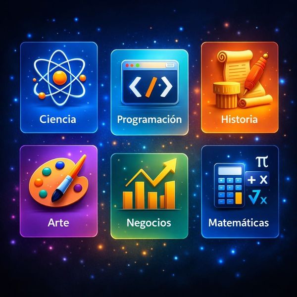 Una persona mira un teléfono inteligente mientras iconos digitales que representan temas como ciencia, arte y programación flotan sobre la pantalla.