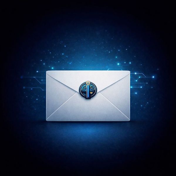 Sobre plateado con un emblema de un cerebro sobre un fondo digital azul brillante.