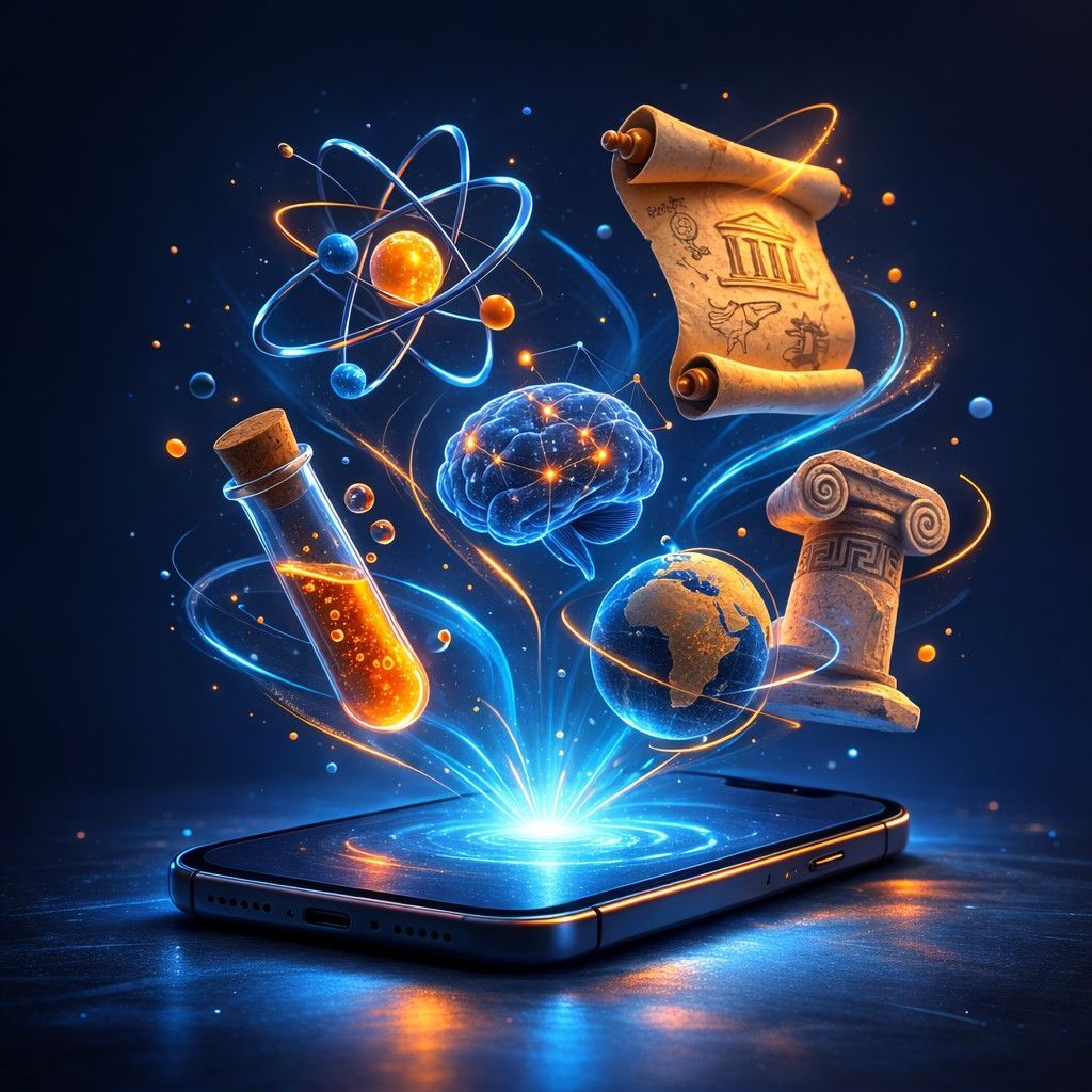 Smartphone brillante que proyecta iconos científicos: un pergamino, un tubo de ensayo, un átomo y un cerebro sobre un fondo azul.