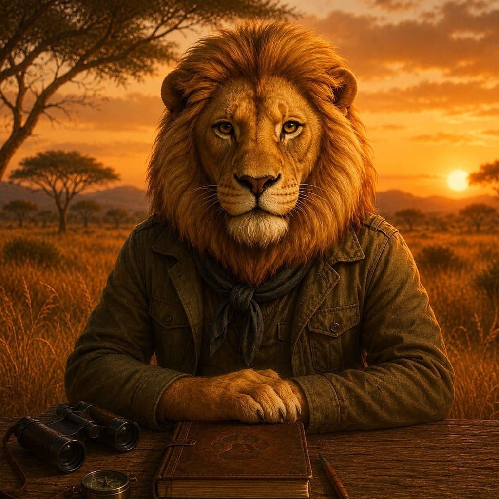Un león con chaqueta está sentado en un escritorio al atardecer, con unos prismáticos cerca.