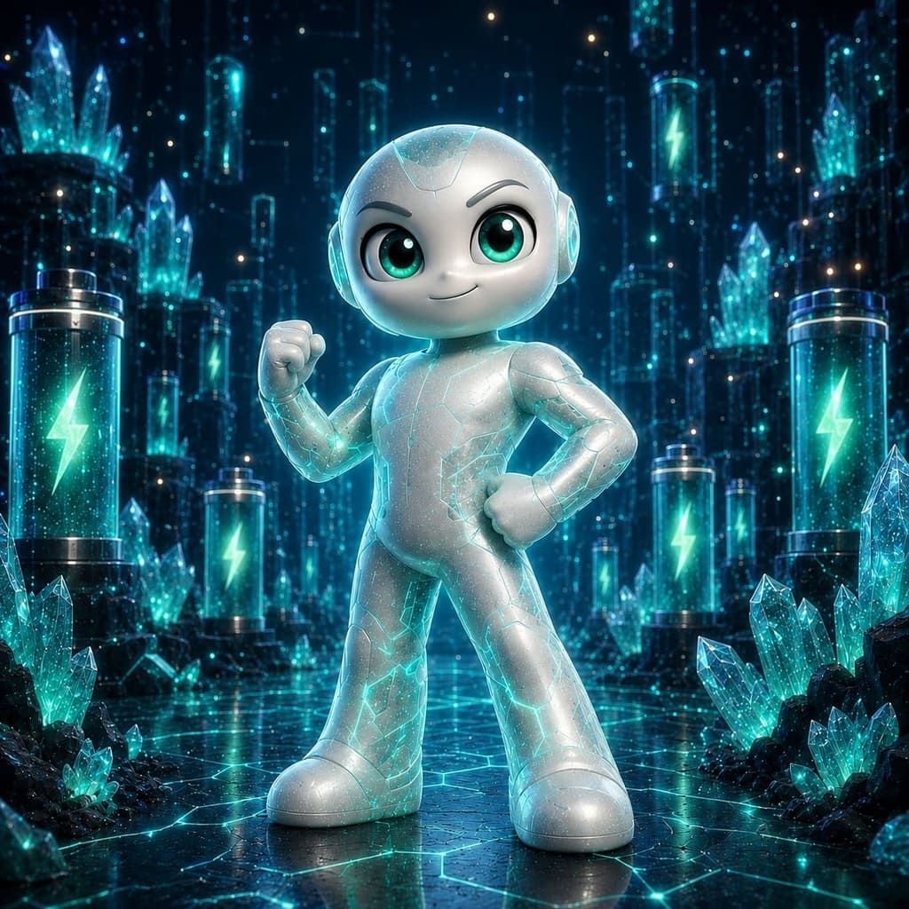 Una adorable mascota robot brillante se alza sobre un paisaje urbano digital de color azul neón.