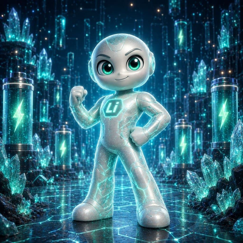 Una adorable mascota robot brillante se alza sobre un paisaje urbano digital de color azul neón.