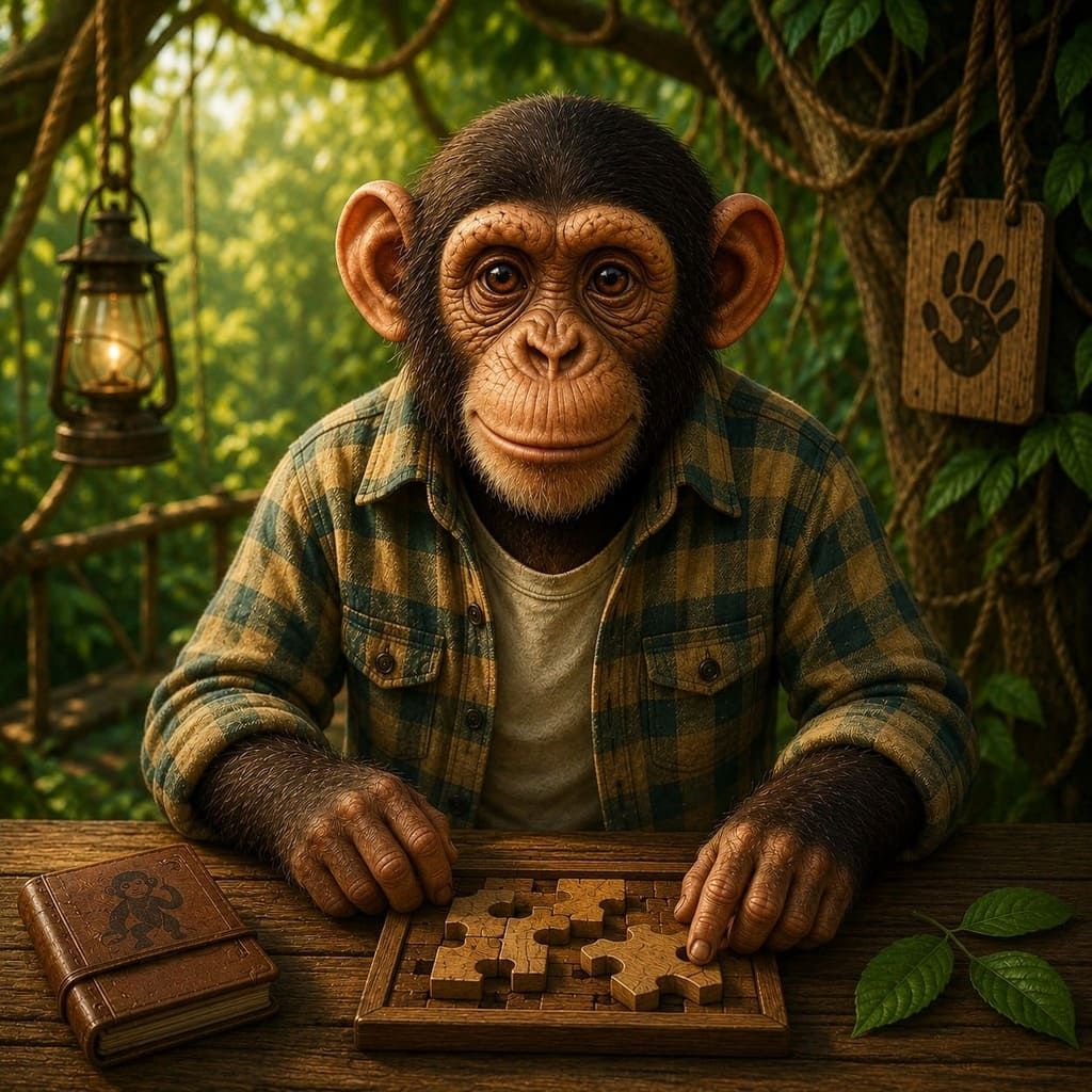Un chimpancé con camisa a cuadros juega al ajedrez en una mesa de madera en un entorno de selva exuberante.