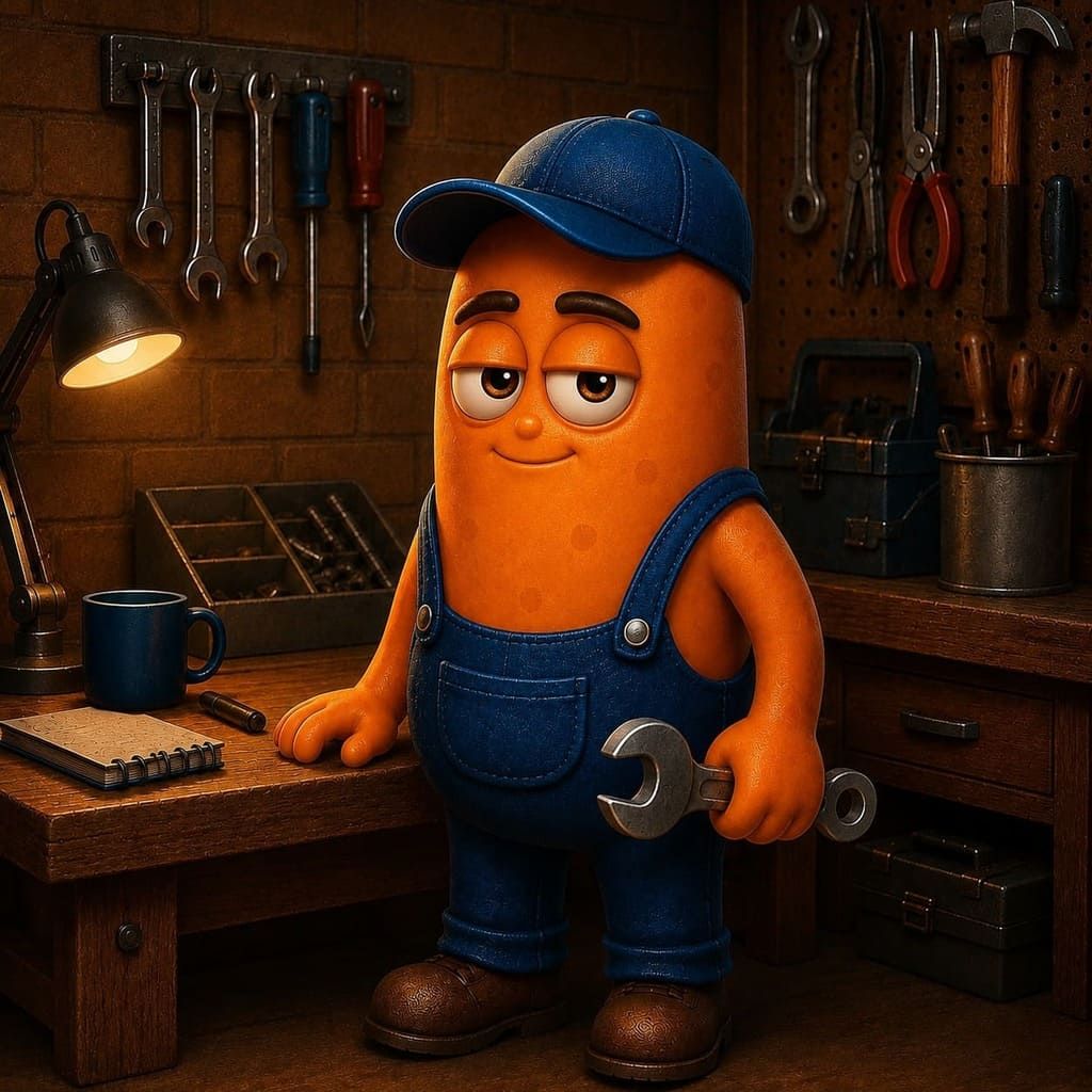 Un mecánico de dibujos animados naranja, vestido con un mono azul y una gorra, está de pie en un taller oscuro sosteniendo una llave inglesa.
