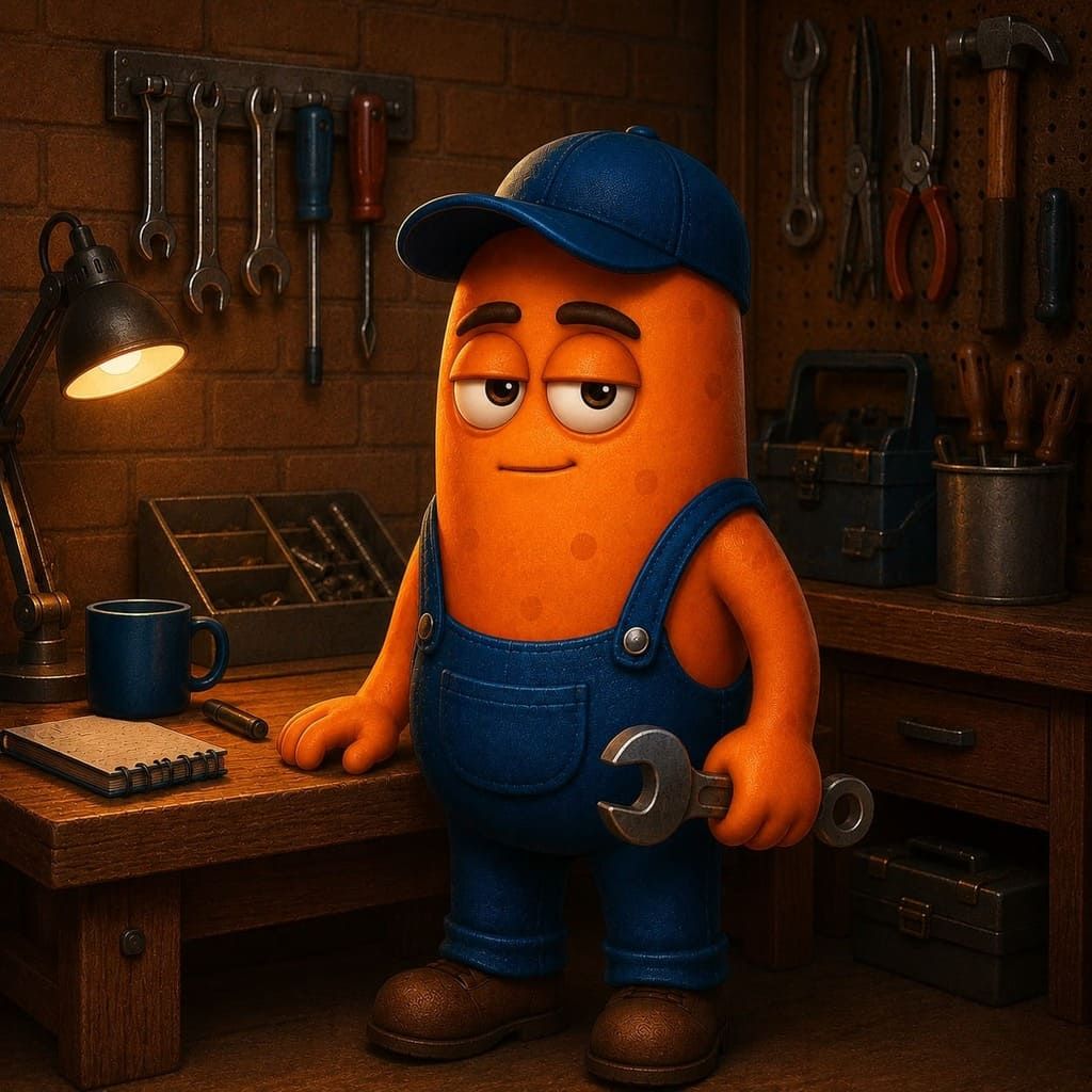 Un mecánico de dibujos animados naranja, vestido con un mono azul y una gorra, está de pie en un taller oscuro sosteniendo una llave inglesa.