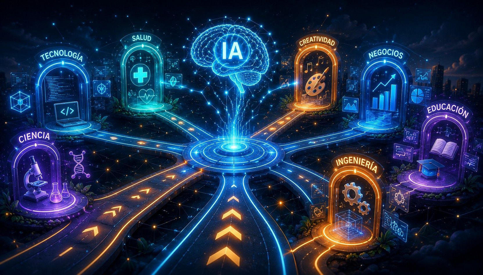 Glowing blue AI network hub with digital icons connected by orange-lit pathways in a futuristic city