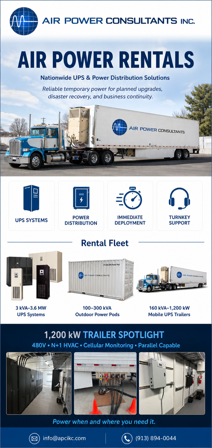 Air Power Rentals ad with blue-and-white trucks, equipment icons, and a rental fleet on a dark blue background