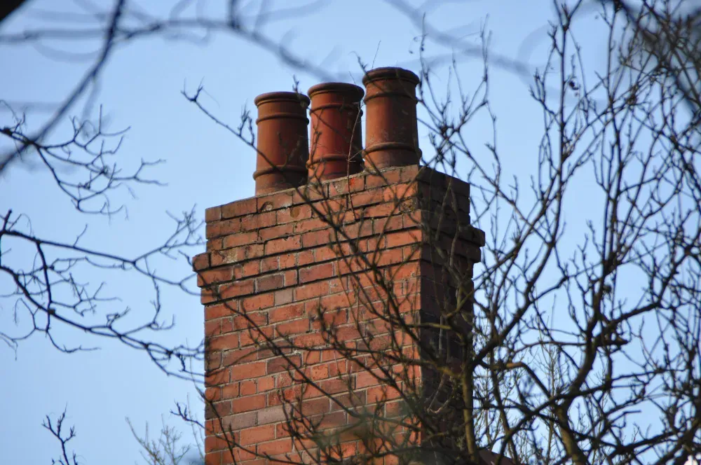 Chimney Services - A brick chimney surrounded by trees with a blue sky in the background.