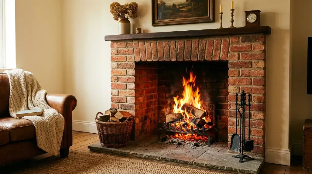 A clean brick fireplace with a bright fire burning inside