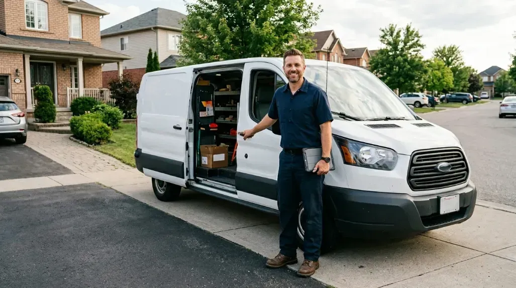 A friendly local service technician standing next to a company truck.]