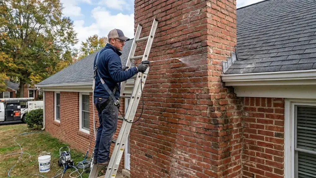 A professional applying clear waterproofing sealant to an exterior brick chimney wall.