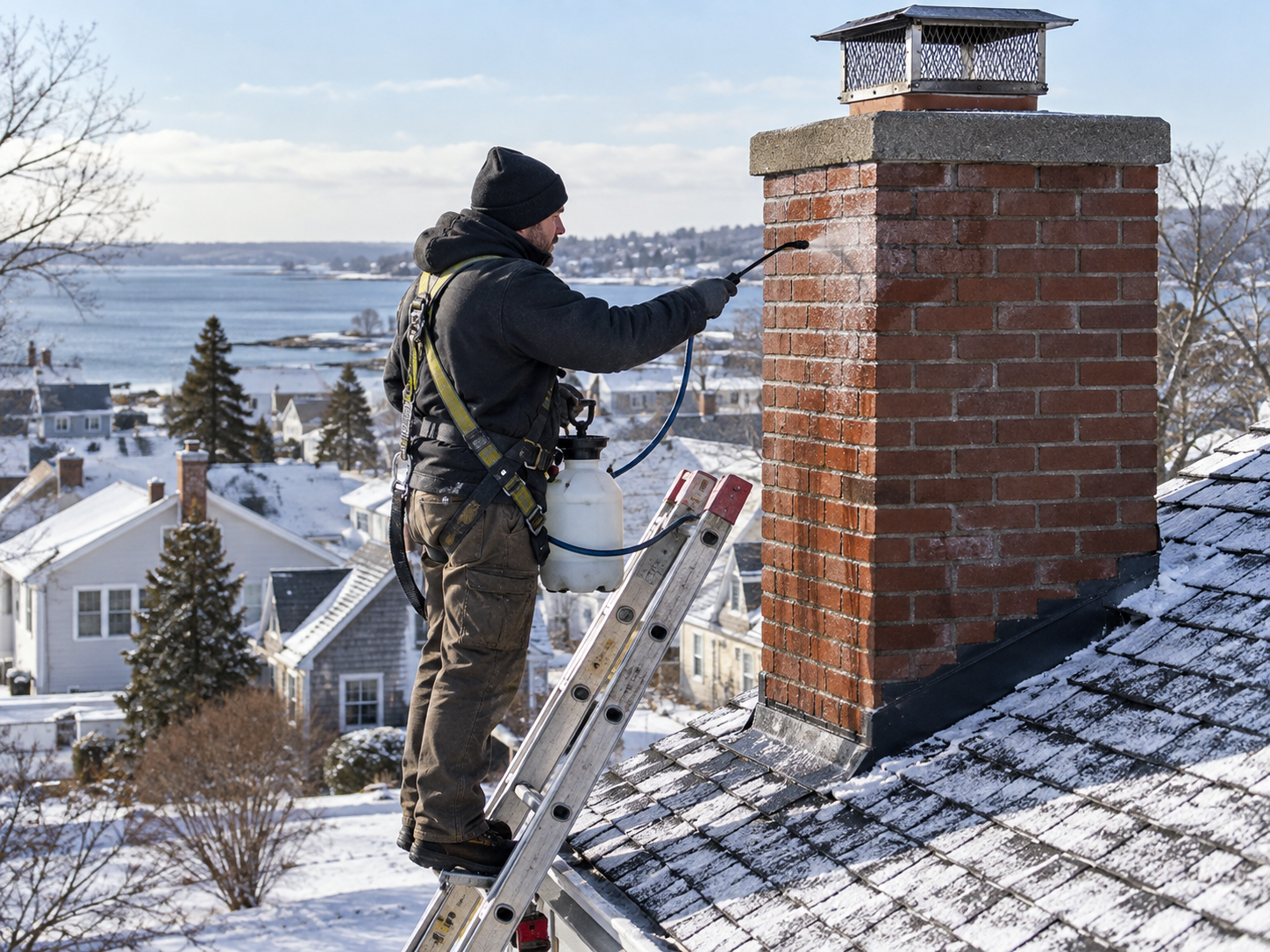 technician on a ladder applying clear sealer to a red-brick chimney beside snow-dusted shingles in South Portland