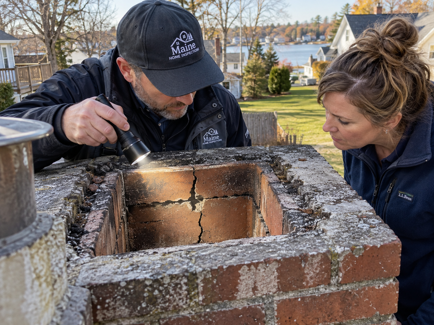 Homeowner and inspector reviewing a flashlight view of cracked clay flue tiles inside a brick chimney in a Westbrook backyard