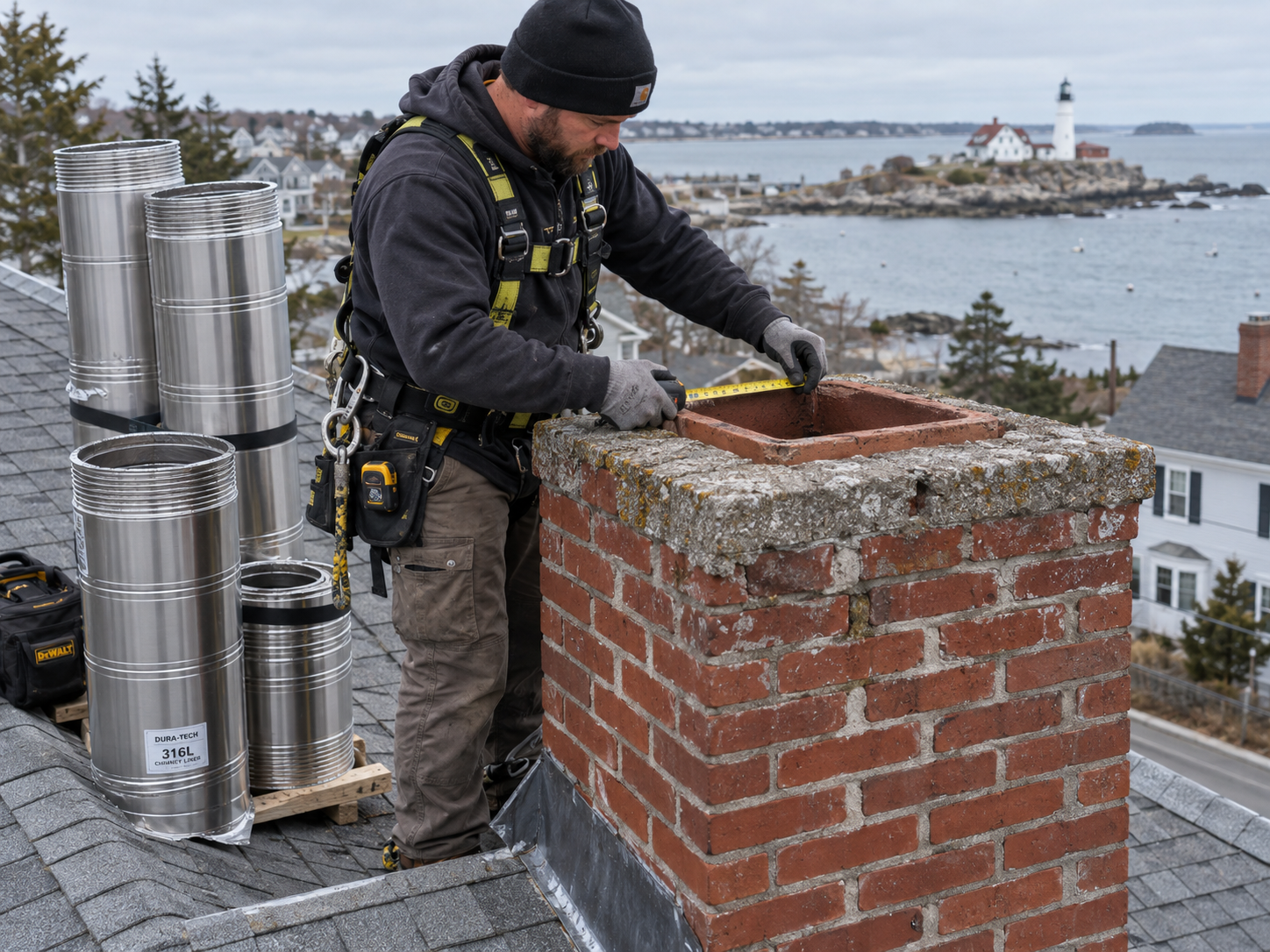 Technician on a South Portland rooftop measuring a brick chimney flue opening beside stacked stainless liner sections
