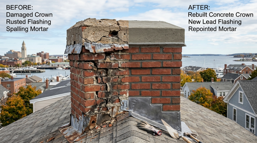 Portland ME brick chimney crown and flashing after careful masonry repair