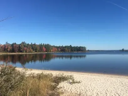 Chimney-Sweep-Portland-Calm lake with a sandy beach under a clear blue sky. Trees with autumn foliage line the shore, reflecting in the water. Serene and peaceful atmosphere.