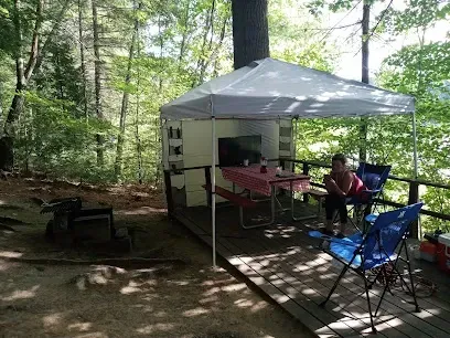 Chimney-Sweep-Portland-A person sits under a white canopy on a wooden platform in a forest, with a picnic table, checkered tablecloth, and blue chairs, creating a serene camping scene.