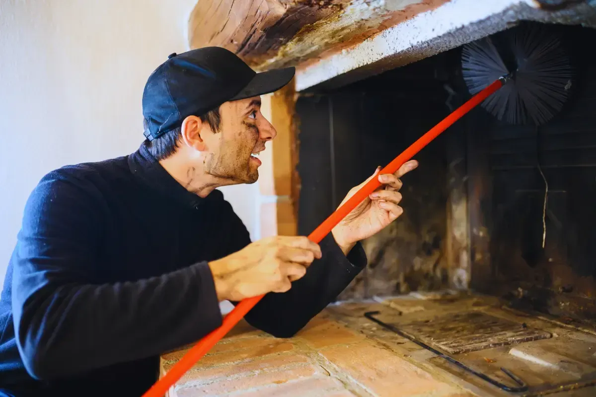 Person in a cap brushes a chimney, soot on face.