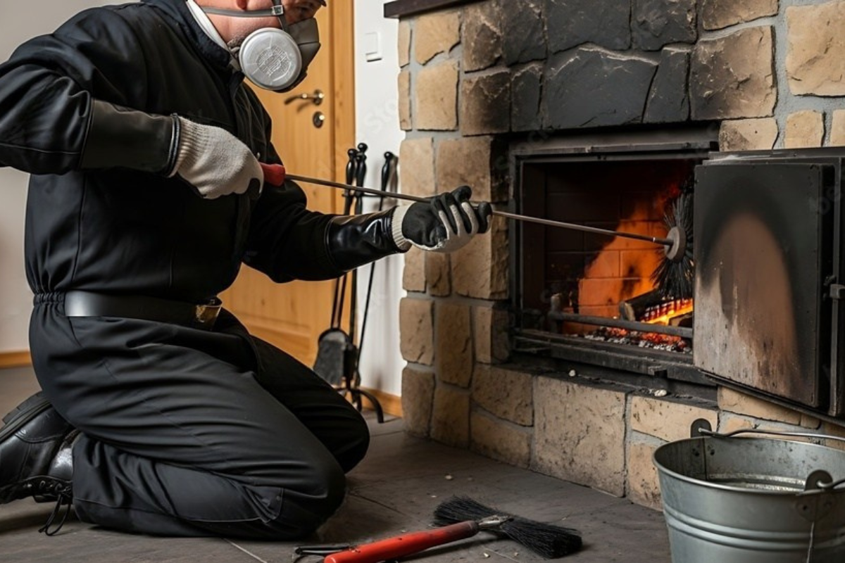 A chimney sweep wearing a mask cleans a fireplace with tools.