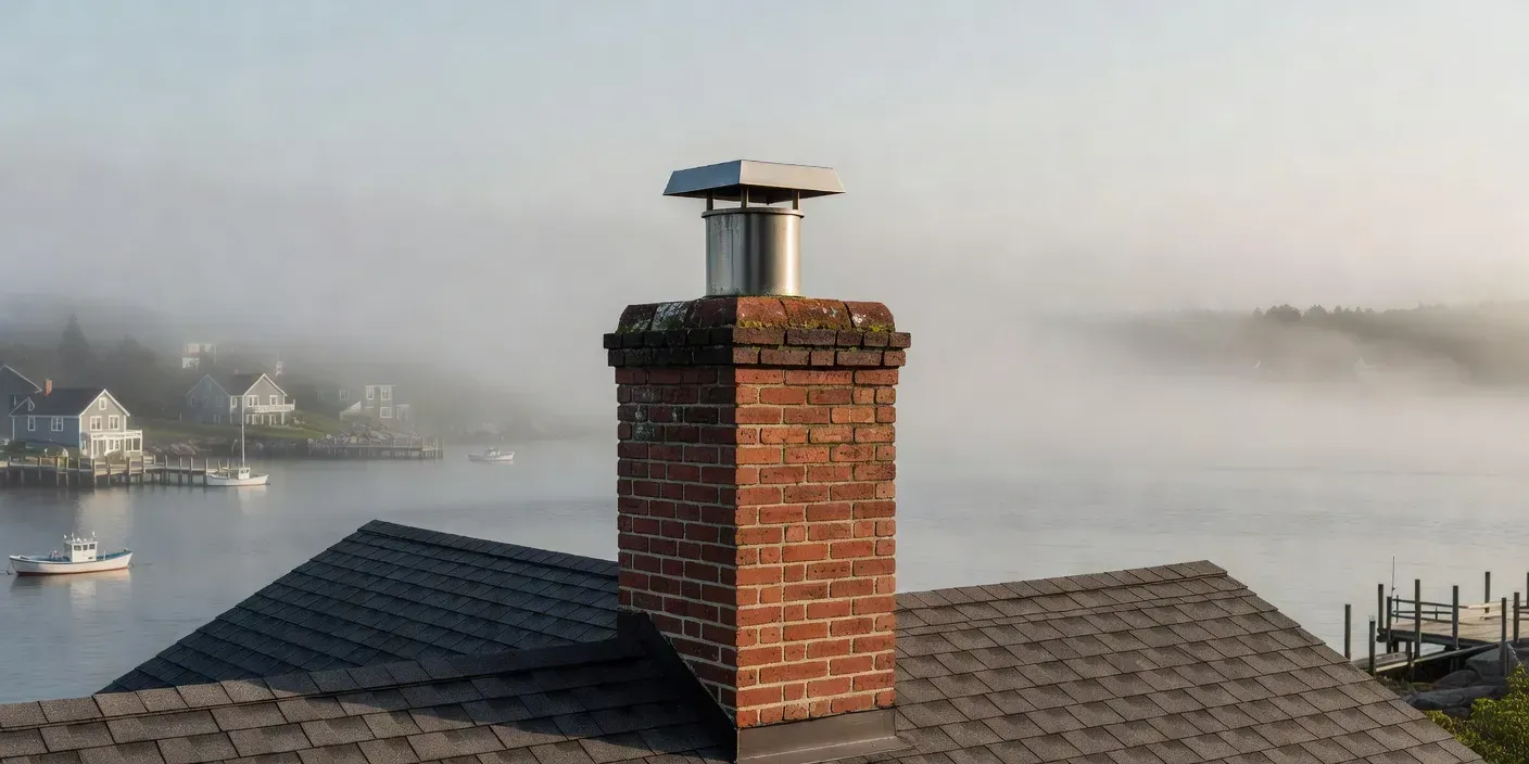 brick chimney and stainless cap on a Portland Maine home with harbor fog in the distance